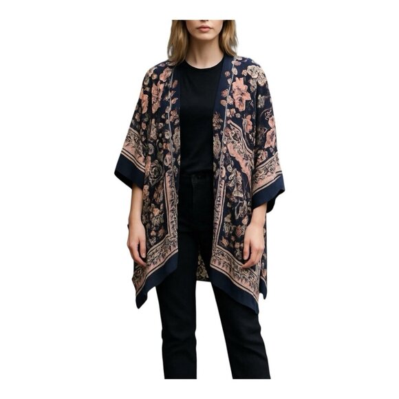 Escape By Blu Pepper Kimono Duster One Size Boho Navy Peach Floral Cover Up - Picture 1 of 10